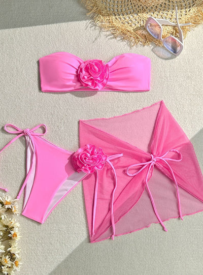 Three-piece Three-dimensional Flower Strap Beach Swimsuit