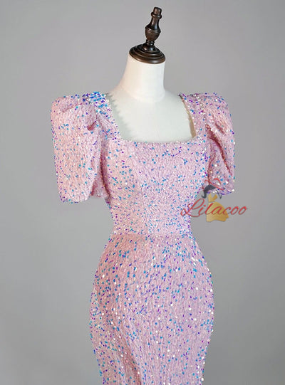 Pink Mermaid Sequins Puff Sleeve Split Prom Dress