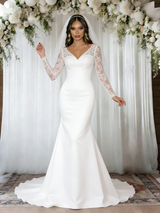 White Mermaid V-neck Long Sleeve Wedding Dress
