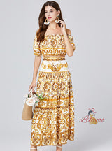 Retro Off the Shoulder Printed Skirt Dress