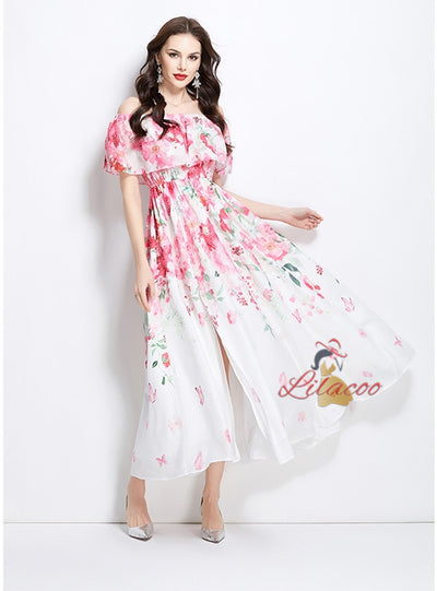 Printed Chiffon Off the Shoulder Split Dress