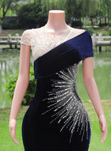 Navy Blue Mermaid Velvet Sequins Beading Prom Dress
