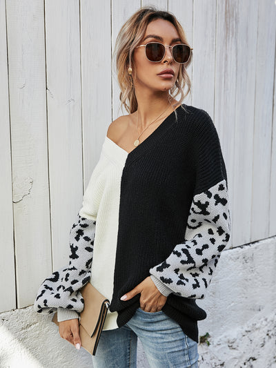 Loose V-neck Splicing Leopard Print Pullover Sweater