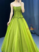 Green Tulle Strapless Bow Prom Dress