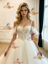 White Tulle Straps Lace Wedding Dress