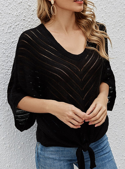 V-neck Short-sleeved Bat Hollow Top