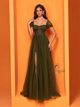 Tulle Green Slit Prom Dress