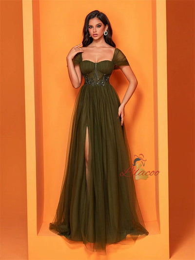 Tulle Green Slit Prom Dress