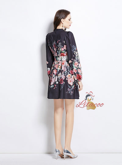 Retro V-neck and Breasted Long Sleeve Dress