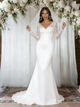 White Mermaid V-neck Long Sleeve Wedding Dress