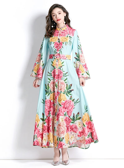 Long-sleeved Palace Horn Sleeve Print Dress