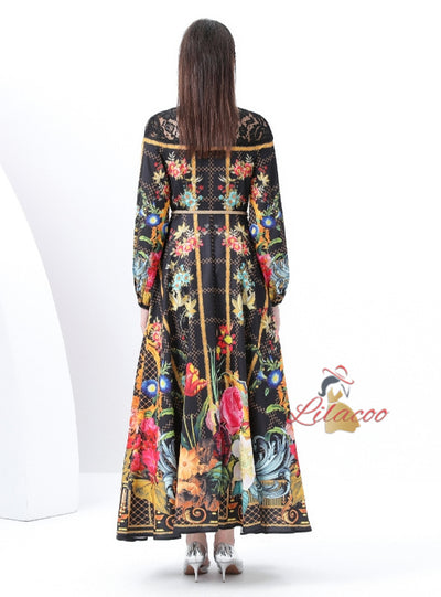 Retro Breasted Lace Print Dress