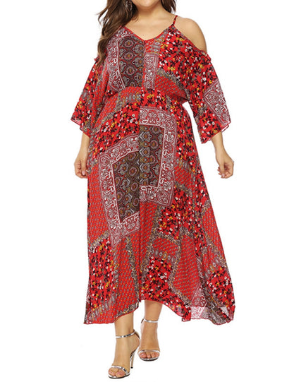 Horn Sleeve Retro Print Long Dress