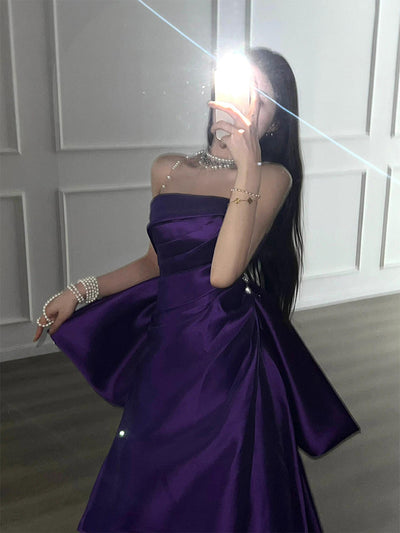 Purple Satin Strapless Pleats Prom Dress
