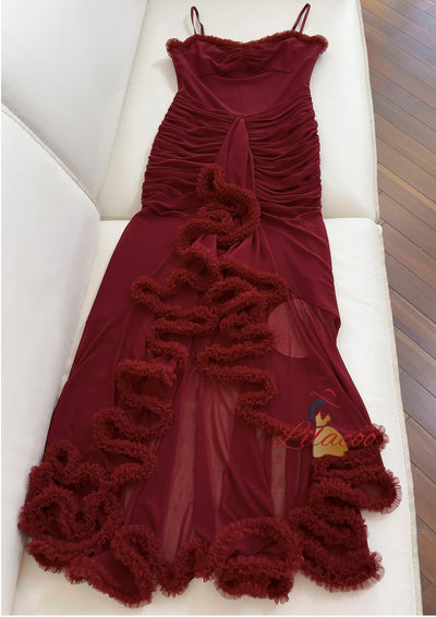 Burgundy Pleats Irregular Suspender Dress