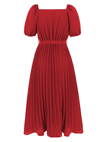 V-neck Pleated Lantern Sleeve Dress