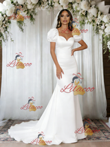 White Mermaid Satin Puff Sleeve Wedding Dress