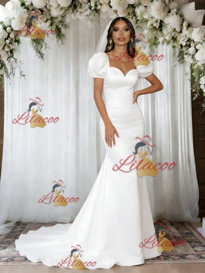 White Mermaid Satin Puff Sleeve Wedding Dress
