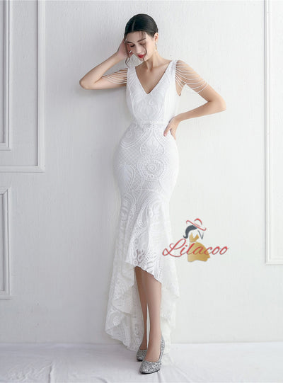 Hi Lo V-neck Sequins Beading Prom Dress