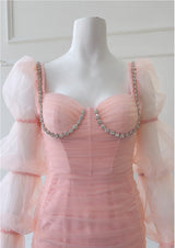 Pink Tulle Long Sleeve Pleats Prom Dress