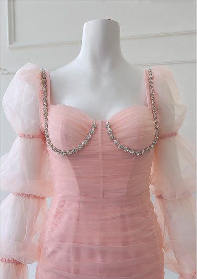 Pink Tulle Long Sleeve Pleats Prom Dress