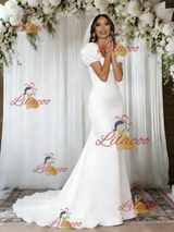 White Mermaid Satin Puff Sleeve Wedding Dress