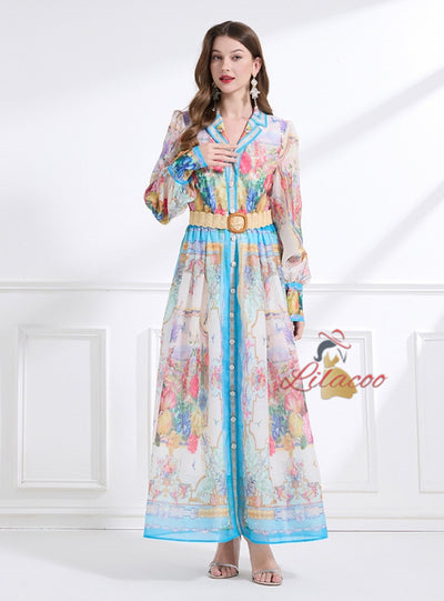 Holiday Lapel Printed Long-sleeved Dress