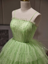Green Tulle Sequins Straps Tiers Homecoming Dress