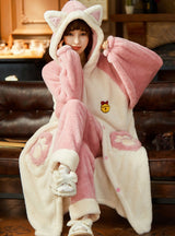 Yellow Two-piece Winter Cute Long Flannel Thickening