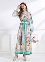 Retro Printed Deep V-neck Breasted Slim Dress