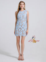 Blue Flower Lace Sleeveless Dress
