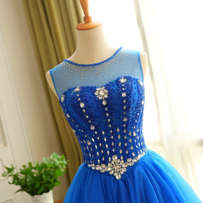 Blue Tulle Backless Beading Homecoming Dress