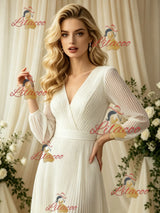 Ivory White Long Sleeve V-neck Pleats Wedding Dress