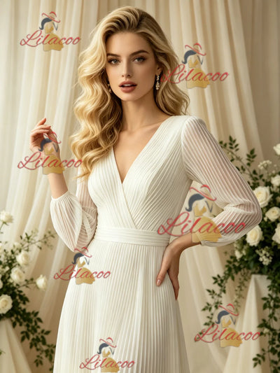 Ivory White Long Sleeve V-neck Pleats Wedding Dress