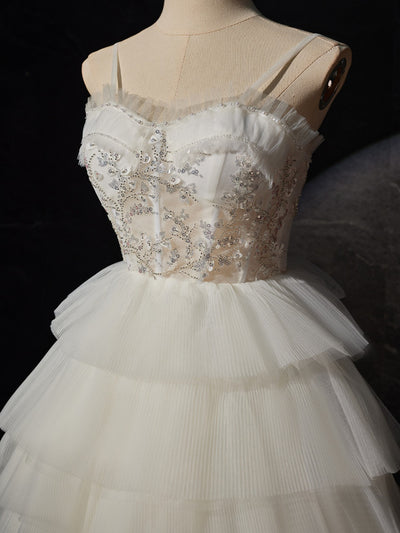 White Tulle Hi Lo Tiers Sequins Wedding Dress