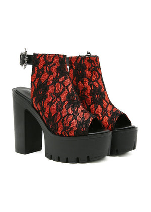 Retro Fishmouth Black and Red Lace Roman Platform High Heels