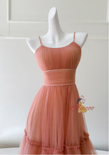 Orange Pink Tulle Pleats Straps Prom Dress