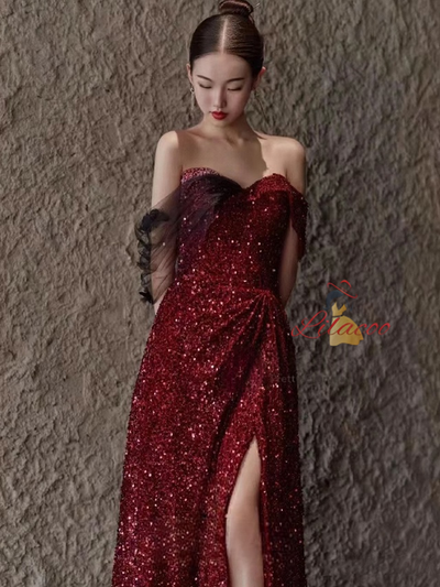 Burgundy Sequins Split Pleats Prom Dress
