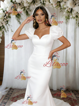 White Mermaid Satin Puff Sleeve Wedding Dress