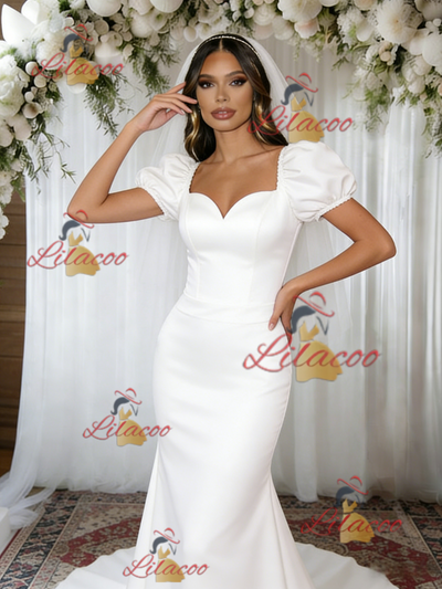 White Mermaid Satin Puff Sleeve Wedding Dress