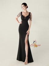 Mermaid Split Straps Pleats Beading Prom Dress