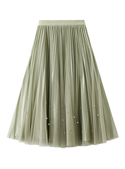 Beaded Pleated Skirt High Waist Gauze Skirt