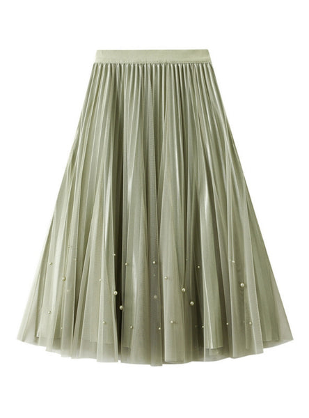 Beaded Pleated Skirt High Waist Gauze Skirt