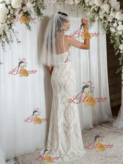 White Mermaid Lace Spaghetti Straps Wedding Dress