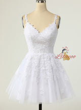Purple Tulle Straps Appliques Homecoming Dress