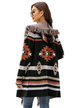 Loose Hooded Coat Tassel Geometric Jacquard Sweater Cardigan
