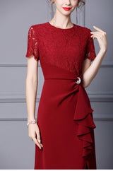 Burgundy Lace Short Sleeve Mother Of The Bride Dress
