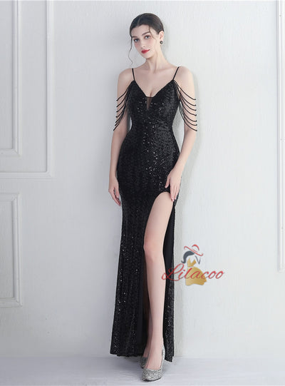 Mermaid Sequins Spaghetti Straps Beading Prom Dress