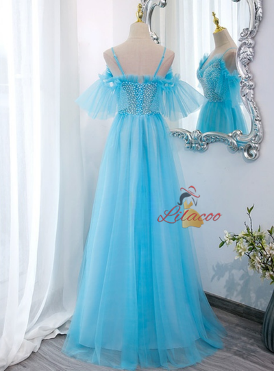 Blue Tulle Spaghetti Straps Beading Prom Dress