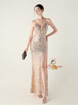 Spaghetti Straps Sequins Split Prom Dress